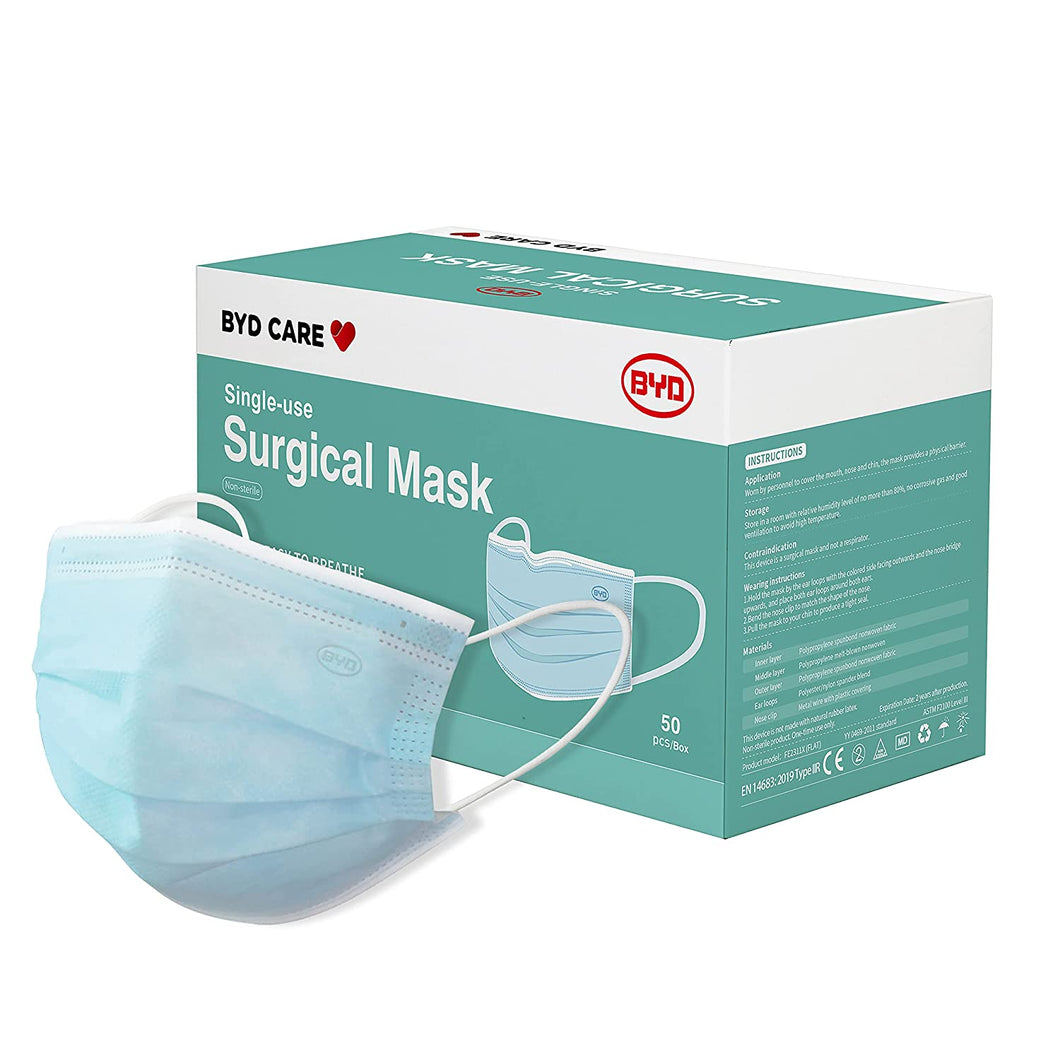 BYD CARE Single Use Disposable 3-Ply Mask, ASTM Level 3 [50 pcs]
